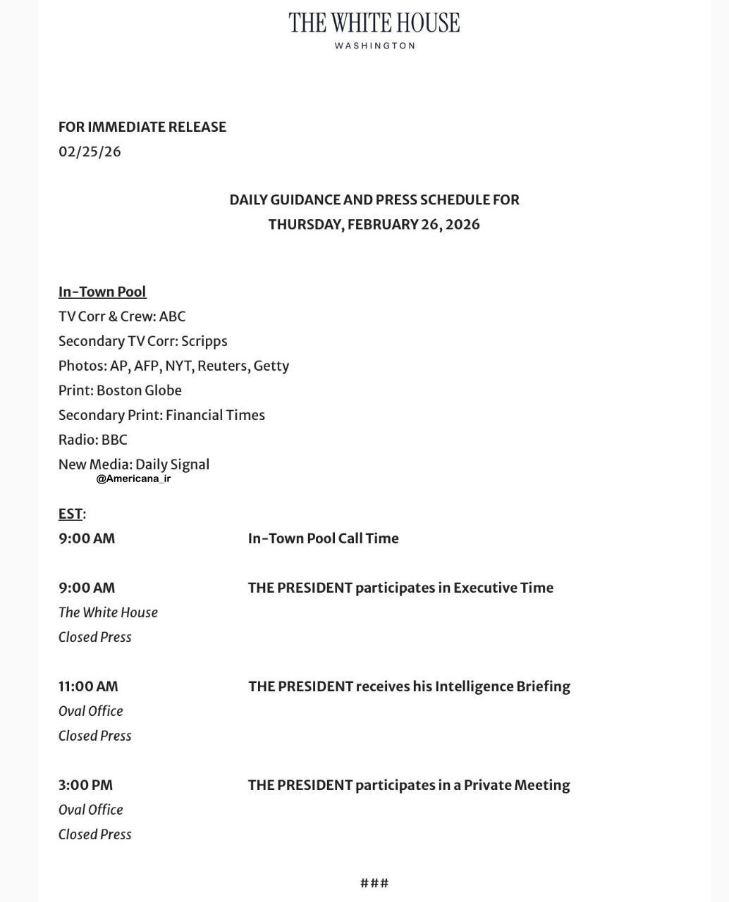 تقویم کاخ سفید