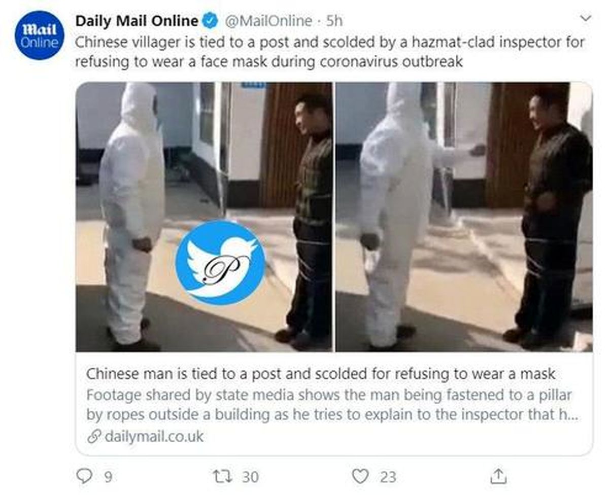 عکس: تنبیه عجیب مرد چینی بخاطر نزدن ماسک!