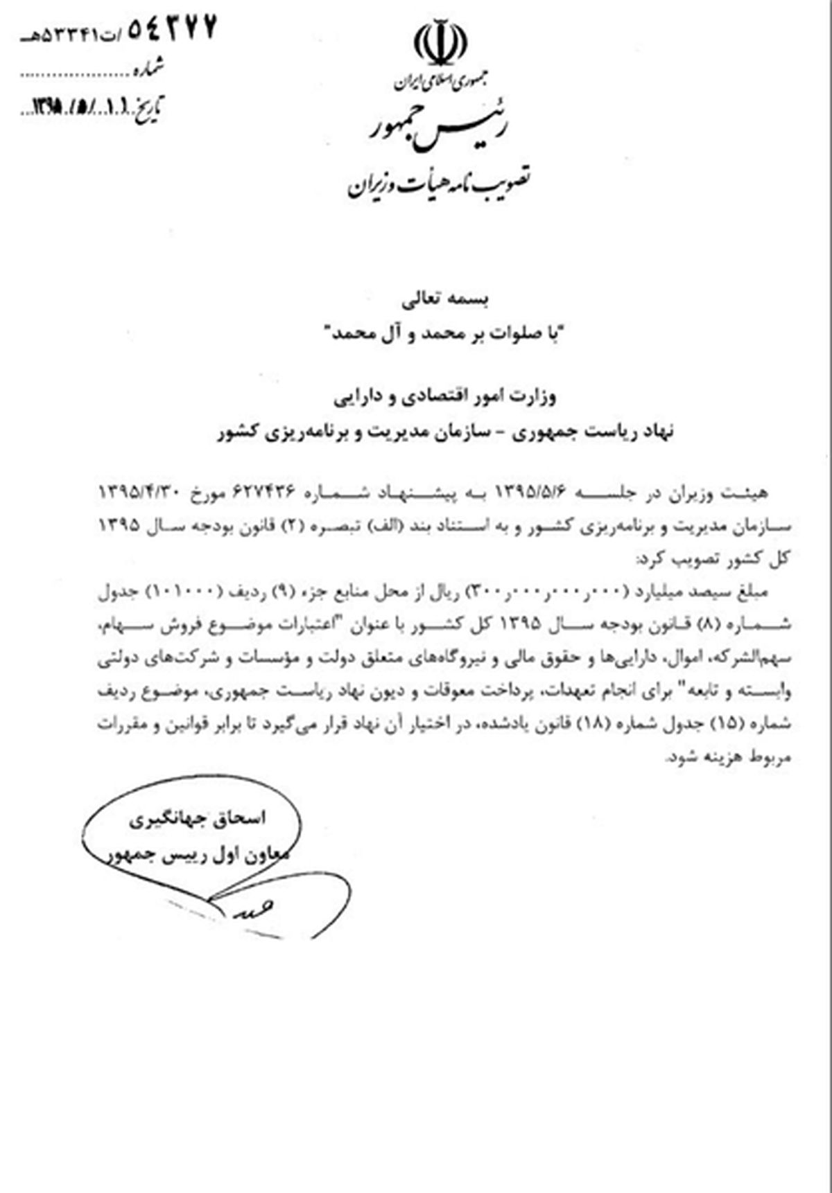 اختصاص اعتبار ۳۰۰ میلیاردی به نهاد ریاستجمهوری +سند