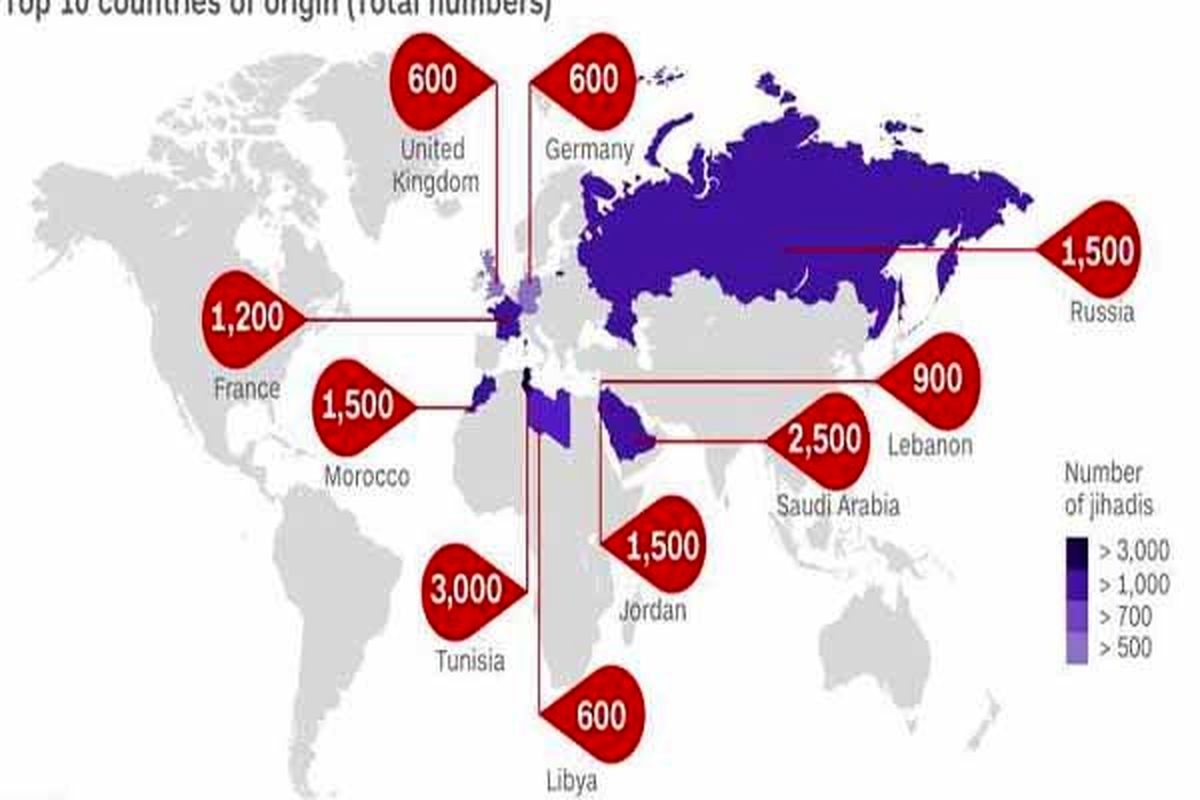 10 کشور با بیشترین تروریست/نقشه