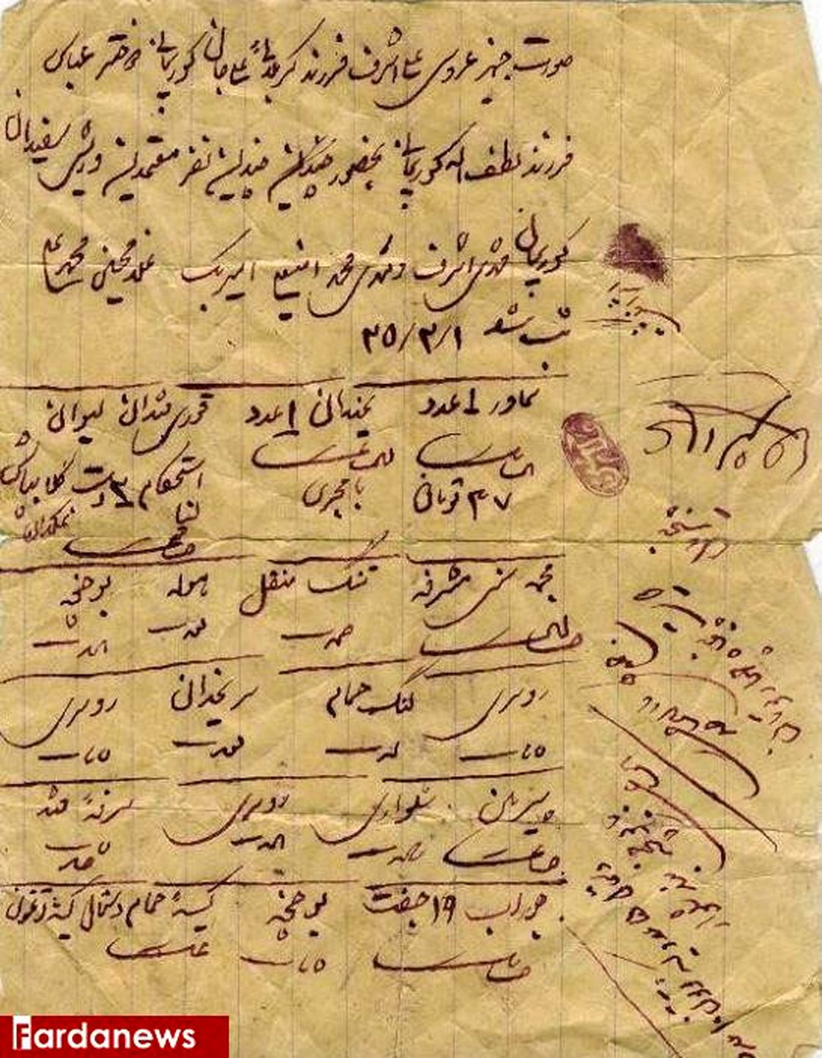 عکس: صورت جهیزیه عروس همدانی در سال ۱۳۲۵