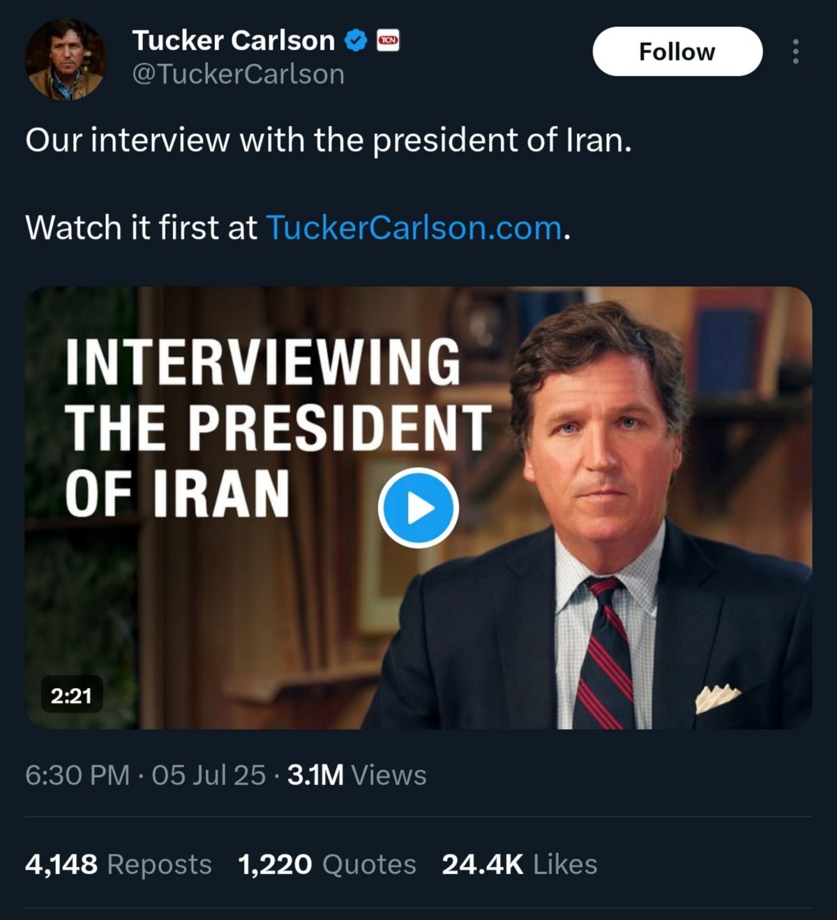 مصاحبه کارلسون و پزشکیان جنجالی شد | تیزر معرفی مصاحبه کارلسون و پزشکیان در کمتر از ۳ ساعت۳ میلیون بازدید گرفت+عکس