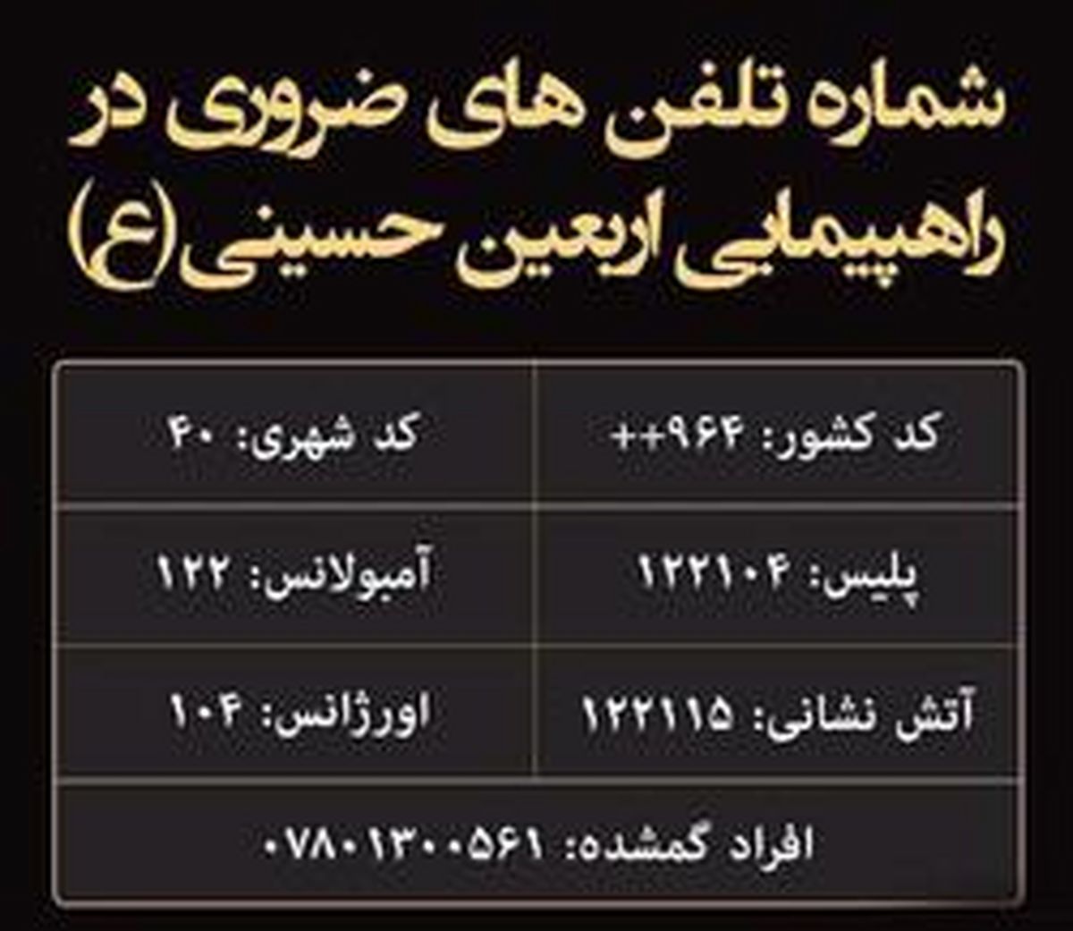 شماره تلفنهای ضروری پیادهروی اربعین اعلام شد