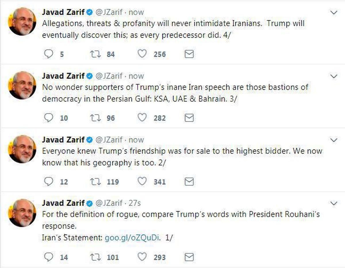 واکنش توییتری ظریف به سخنان ضدایرانی ترامپ +عکس