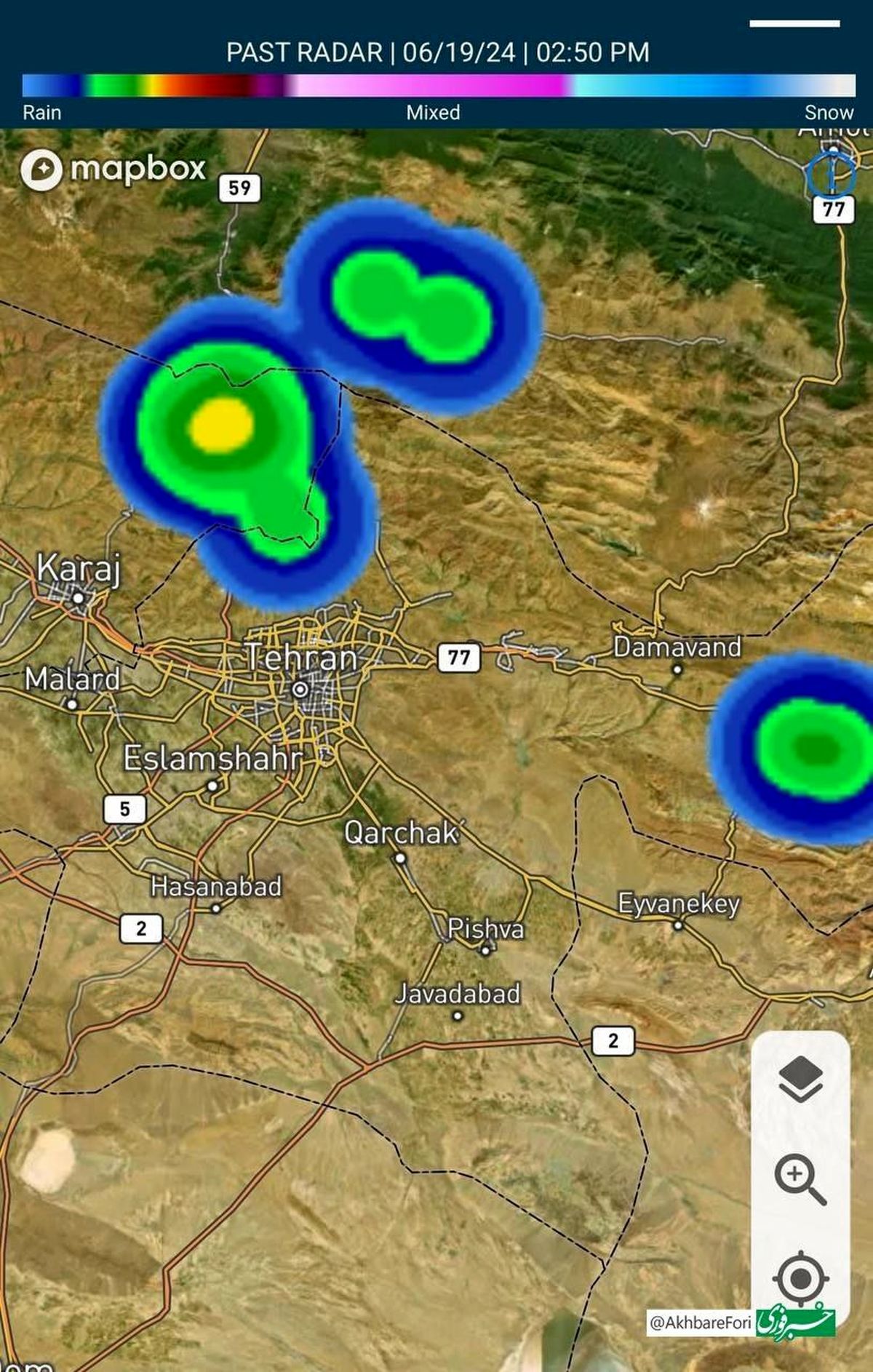 توده تندری خطرناک برروی محدوده کندوان در جاده چالوس با احتمال سیلاب و سیل مجدد