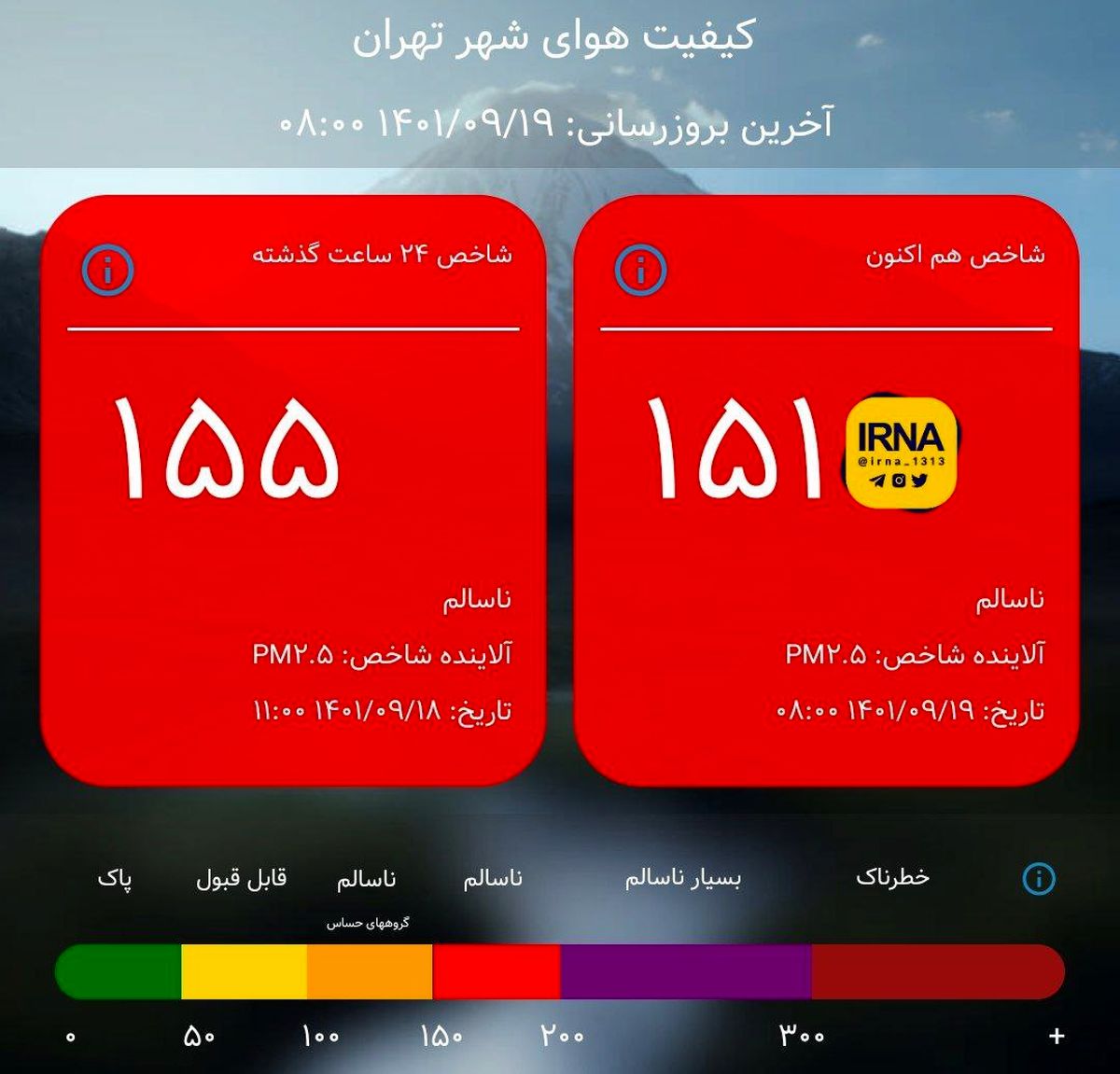 تداوم آلودگی هوا در تهران /شرایط ناسالم برای همه